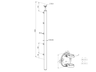 Edelstahl Geländerpfosten Reling Seitenverankerung Ø42,4 Bauhöhe 1000mm mit Querstabhalter Ø12,0 Geländer V2A geschliffen K320